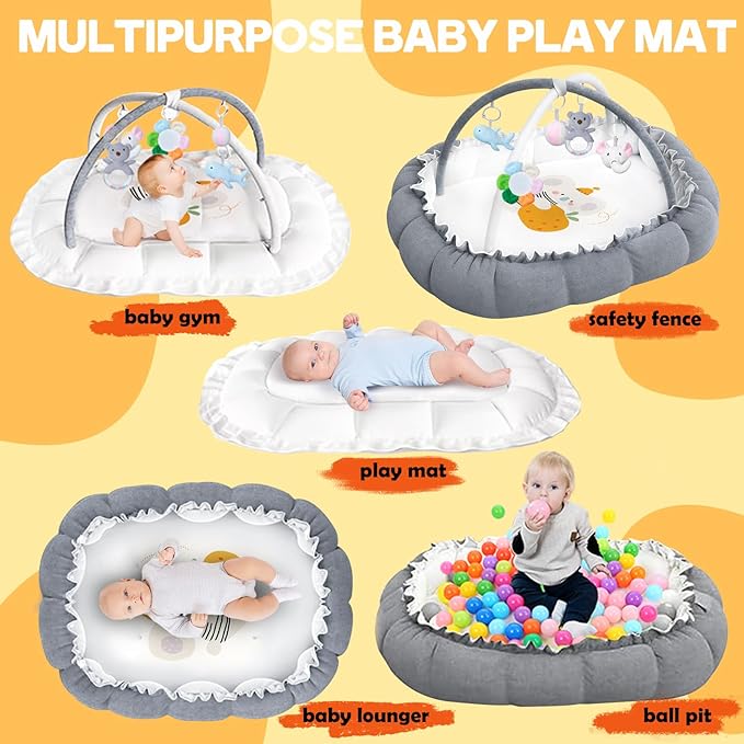 5-in-1 Convertible Baby Play Mat and Tummy Time Mat - Thick & Plush Baby Play Gym with 5 Sensory Toys,Baby Activity Center from Newborn to Toddler, Ball Pit (No Balls Included),Pet Bed