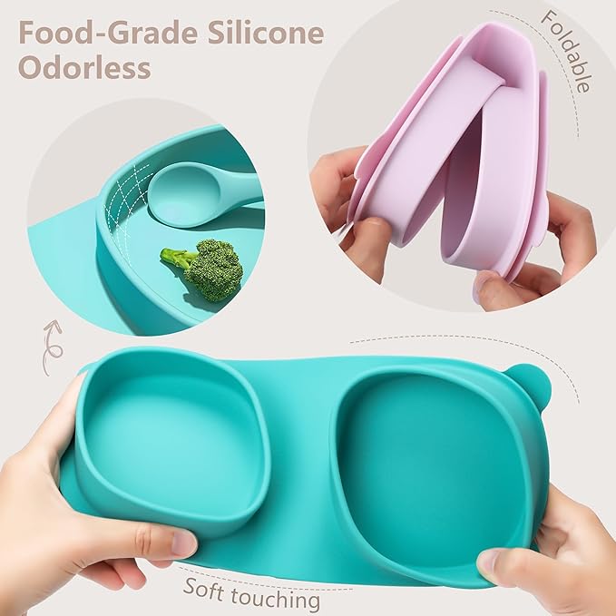 Baby Plates with Suction with Forks and Spoons,Foldable Silicone Toddler Plates,Baby Travel Essential,Microwave & Dishwasher Safe,Aqua