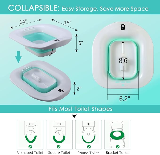 IRWPITW Sitz Bath, Electric Sitz Bath for Toilet Seat Hemorrhoids Postpartum Care Tub, Sits Bath Soak Pan for Women Men, Sitz Baths Salts Bowl, Hip Bath Basin, Foldable, Water Spray Style, Green