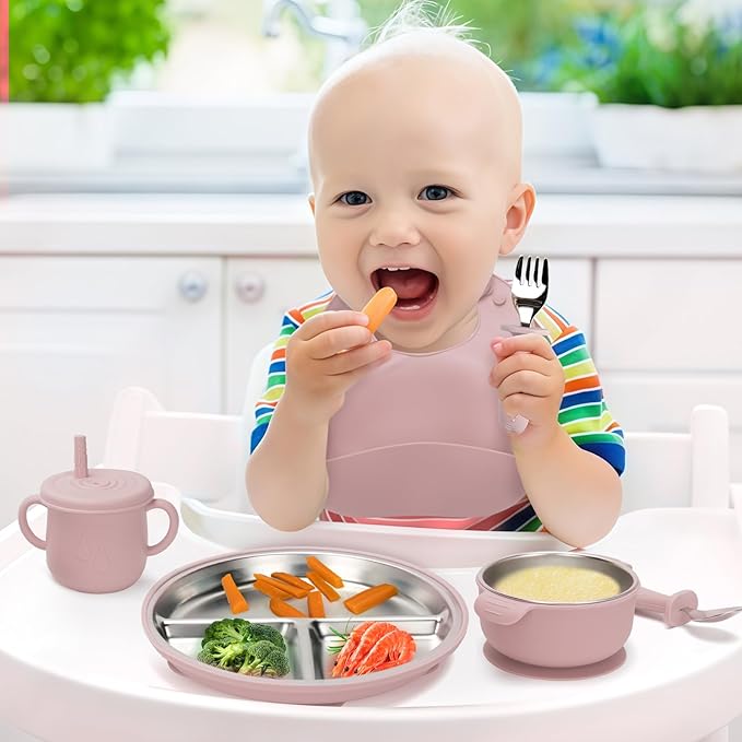 Stainless Steel Kids Plates and Bowls Set with Suction, Divided Baby Plate and Toddler Bowl with Removable Silicone Suction,Stainless Steel Weaning Bundle, Silicone Baby Feeding Set (Pink)