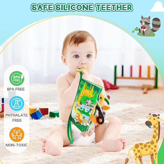 Soft Baby Book - Baby Toy - Newborn Boys Girls Shower Gift - Tummy Time Toy for Infant 0-6 6-12 Months - Touch and Feel Sensory Crinkle Book with Teether for Toddler