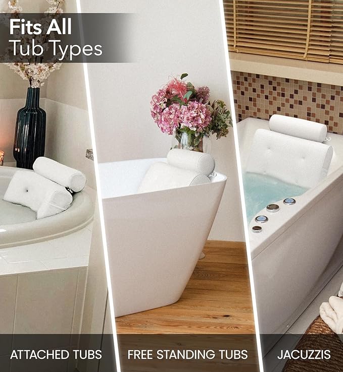 Everlasting Comfort Luxury Bath Pillows for Tub with Head and Neck Support - Non-Slip Bathtub Pillow with Suction Cups, Quick-Drying Mesh & Drying Hook - Jacuzzi & Spa Accessories for Women - White