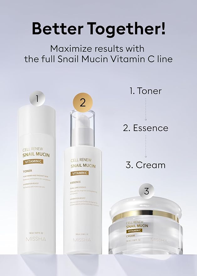 MISSHA Cell Renew Snail Mucin Vitamin C Essence Serum 3.38 Fl oz - Hydrating Korean Skincare for Glass Skin, Snail Mucin Serum for Improved Skin Texture & Complexion