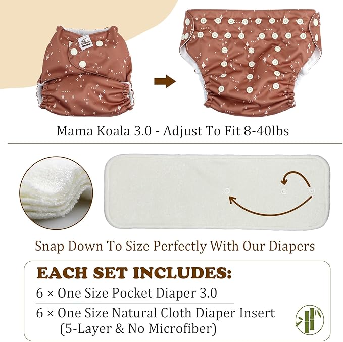 Mama Koala 3.0 Pocket Cloth Diapers for Babies with AWJ Lining, 6 Pack with 6 5-Layer Natural Cloth Diaper Inserts - Reusable and Washable Pocket Diapers(A-Falling Leaves)