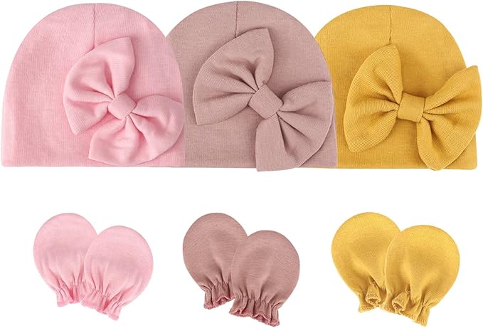 BQUBO Newborn Girls Hats Baby Hat and Mittens Set Infant Caps Bow Hospital Beanie with No Scratch Mittens for Baby Boys Girls