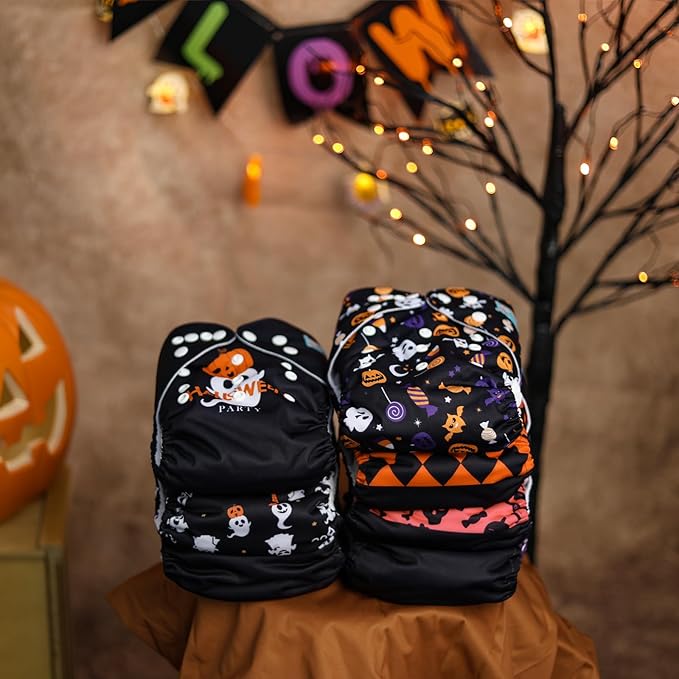 ALVABABY Halloween Cloth Diapers 6 Pack with 12 Inserts One Size Adjustable Washable Reusable for Babies 6QH03