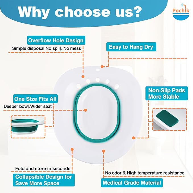 Pochik Sitz Bath for Toilet Seat, Sitz Baths for Hemorrhoids and Postpartum Care, Yoni Steam Seat, Collapsible Basin for Epsom Salt Soak, Sits Bath Kit for Women - Green