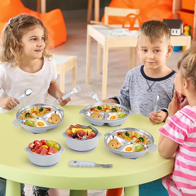 Stainless Steel Baby Plates with Suction, Toddler Plates with Removable Silicone Shell for Kids, Non-Slip Toddler Baby Feeding Set, Forks + Spoons Included-Gray