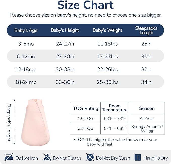 1.0 Tog 2.5 Tog Baby Sleep Sack, 100% Cotton Baby Sleeping Bag 3-24M, 2-Way Zipper Baby Wearable Blanket