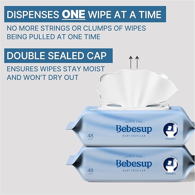 BEBESUP- Korea’s #1 Flushable Wipes- 100% Plant-Based Hypoallergenic Biodegradable 99% Water-Based Extra-Thick Organic Wipes Unscented for sensitive skin Flip-Top (48 Count 1 Pack)