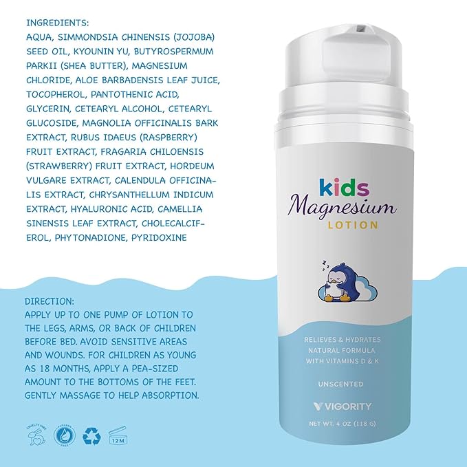Magnesium Lotion for Kids & Babies Sleep – Unscented Bedtime Body Cream with Natural Ingredients for Sensitive Skin – Topical Magnesium, Multi Vitamins Moisturizer for Relaxation, Soothing Relief