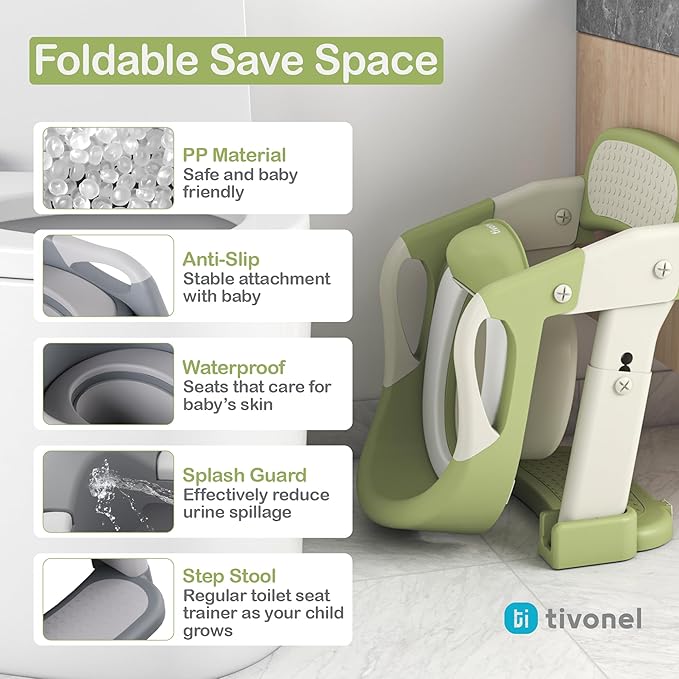 3-in-1 Toddler Potty Training Toilet Seat with Ladder | Foldable Toilet Potty Training Seat with Step Stool Ladder | 5-Level Adjustable Height | Soft Cushion, Splash Guard & Anti Slip Pad