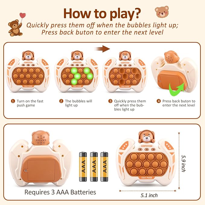 Fast Push Game Fidget Toys for Kids, Handheld Puzzle Game Sensory Toys, Quick Push Light Up Pop Game Gifts for 3-12 Year Old Boys Girls, Easter Basket Stuffers (Brown Bear)