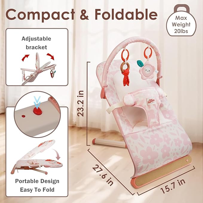 Tiny Marvels Baby Bouncer, 3-Point Harness Baby Bouncer Seat for Newborn Toddler, Portable Baby Rocking Chair with Sensory Toys and Music, Compact & Portable Baby Bouncers Chair (Pink Floral)