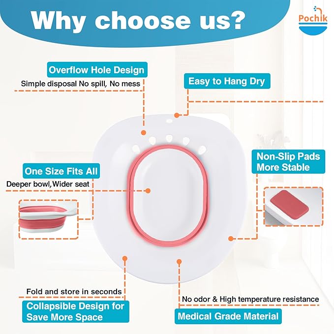 Pochik Sitz Bath for Toilet Seat, Sitz Baths for Hemorrhoids and Postpartum Care, Yoni Steam Seat, Collapsible Basin for Epsom Salt Soak, Sits Bath Kit for Women - Magenta