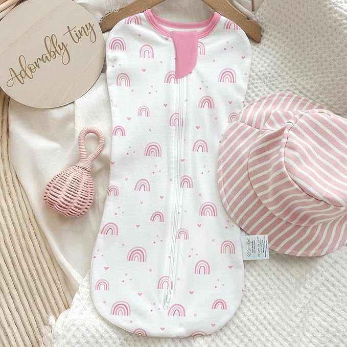Baby Swaddle 0-2 Months, Cotton Arm-In Zipper Sleep Sack, Wearable Blankets Wrap for Newborn Infant Girls (Bow, Rainbow, Pack of 2)
