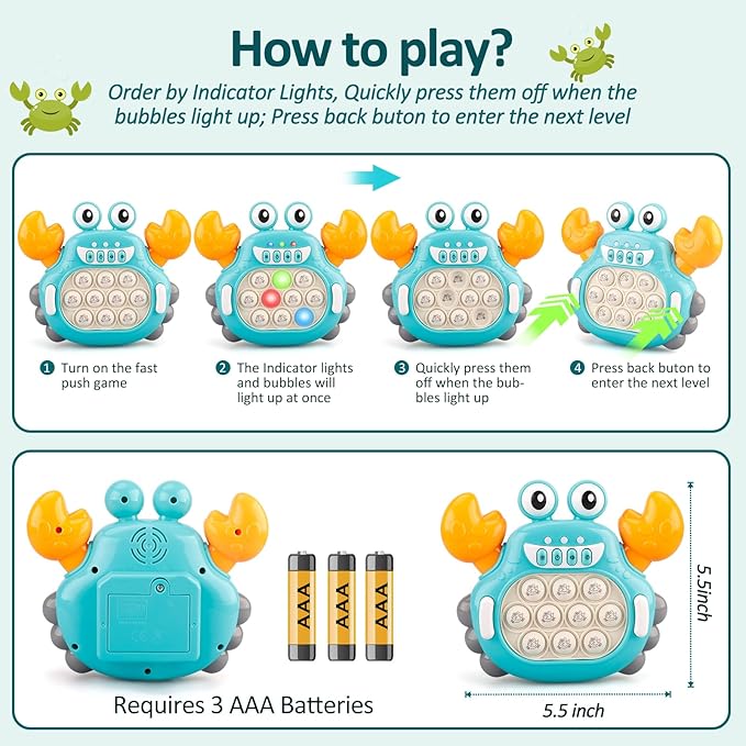 Fast Push Fidget Toys for Kids, Handheld Puzzle Sensory Toys, Quick Push Light Up Pop Game Gifts for 3-12 Year Old Boys Girls, Easter Basket Stuffers (Crab)