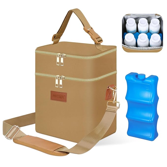 PIIOSER Breastmilk Cooler Travel Bag with Ice Pack, Insulated Bottle Bags Fits 6 Baby Bottles Up to 9 Ounce, Double Layer Waterproof Leak-Proof with Shoulder Strap for Nursing & Working Mom (Brown)