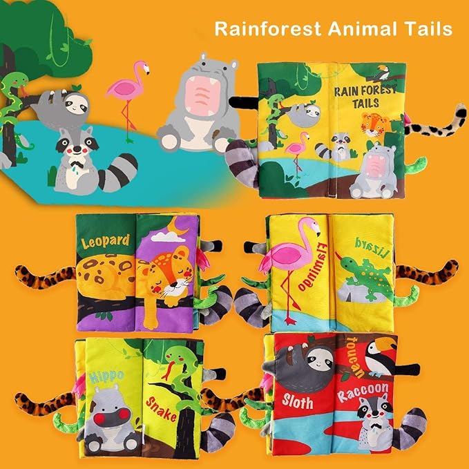 beiens Soft Toys Baby Cloth Books, Touch and Feel Crinkle Books for Babies, Infants & Toddler, Early Development Interactive Car Toys & Stroller Toys for Boys & Girls (Rainforest Tails-1 Book)