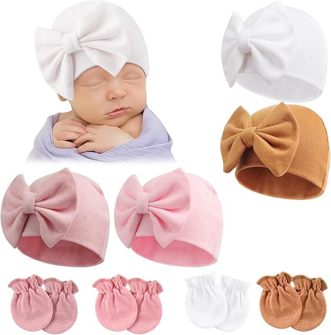 Newborn Baby Hats and Mittens Set Infant Bow Beanie Cap Toddler Gloves Newborn Hospital Hats for Baby Boy Girl 0-6 Months