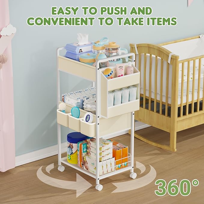 3-Tier Rolling Diaper Caddy Organizer with Dividers & Wheels, Large Capacity Detachable Mobile Storage Diaper Cart for Nursery, Bedroom, Changing Table, Crib, Baby Essentials