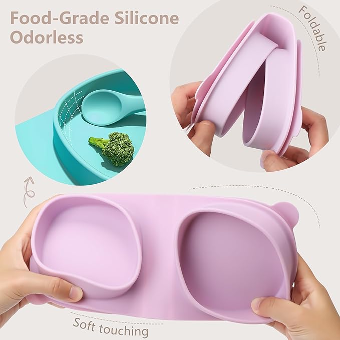 Baby Plates with Suction with Forks and Spoons,Foldable Silicone Toddler Plates,Baby Travel Essential,Microwave & Dishwasher Safe,Purple