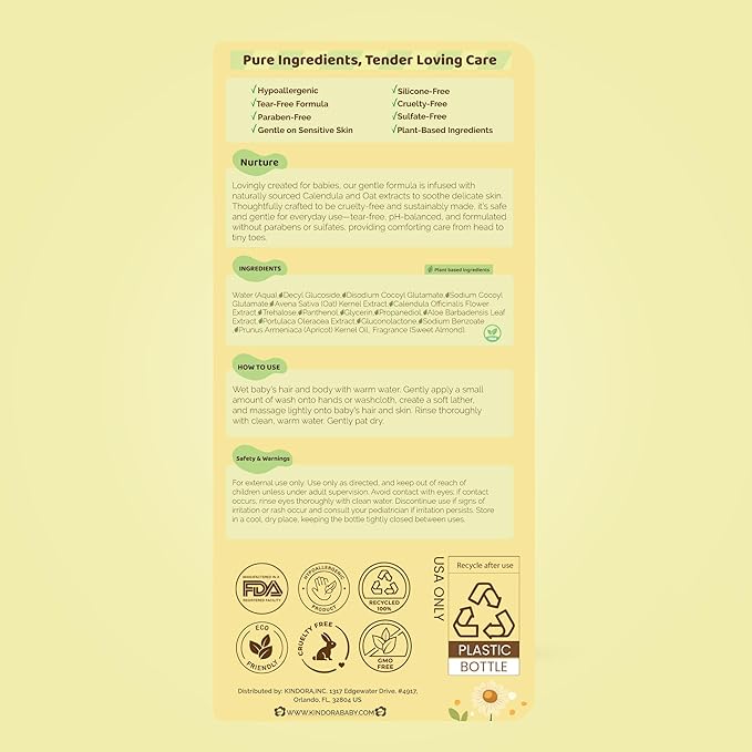 KINDORA 2-in-1 Calendula & Oat Baby Shampoo & Body Wash | Gentle, Tear-Free & Hypoallergenic Bath Wash for Sensitive Skin | Organic, Vegan & Plant-Based Cradle Cap Treatment – 16.9 fl oz