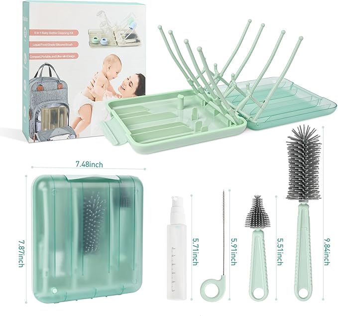 Baby Bottle Brush Set, 6-in-1 Travel Bottle Cleaning Kit with Silicone Bottle Brush, Nipple & Straw Brush, Soap Dispenser, Drying Rack, Storage Box – Compact Travel Baby Essential for Home & On-The-Go