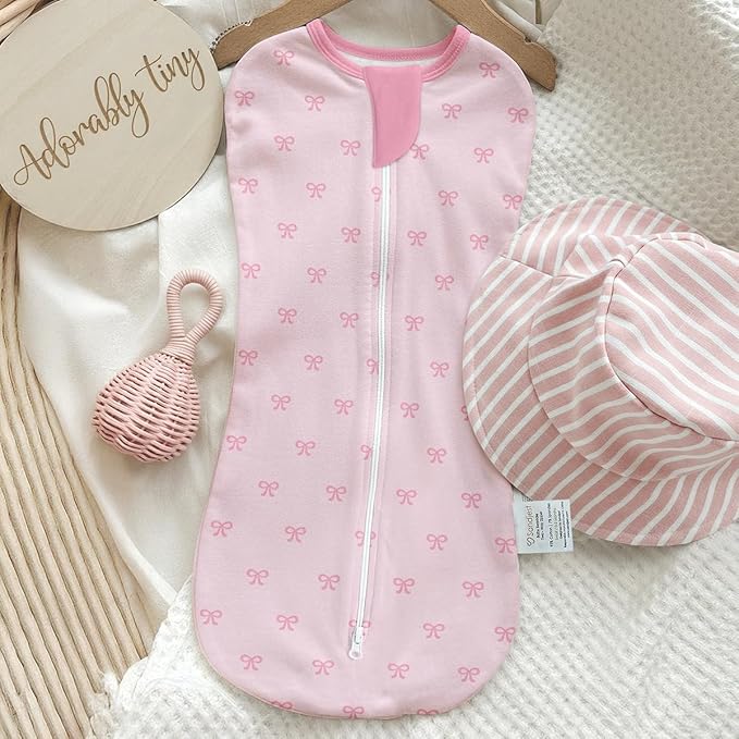 Baby Swaddle 0-2 Months, Cotton Arm-In Zipper Sleep Sack, Wearable Blankets Wrap for Newborn Infant Girls (Bow, Heart, Strawberry, Pack of 3)