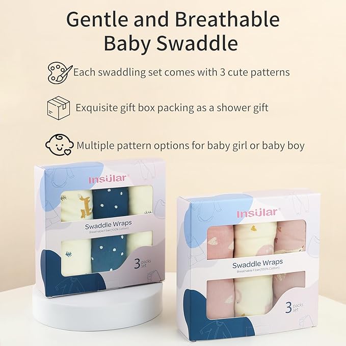 insular Baby Swaddle Wrap, Swaddle Blanket for Newborn and Infant, Adjustable Velcro Swaddling Set for Boy and Girl, Soft Cotton Baby Sleep Sack 3 Pack, Fox, Medium(3-6M)