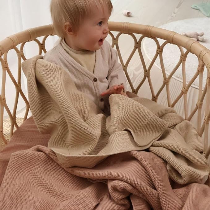 Knitted Organic Cotton Baby Blanket- Swaddle Blanket, 30" x 40" Soft Receiving Blanket for Newborn (Fog)