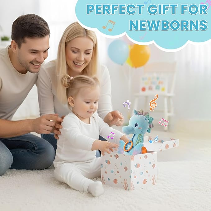 Baby Toys 0-6 Months,Infant Musical Seahorse Stuffed Animals Sensory Toys with Bright Colors,Multiple Textures,Rattles & Crinkle Sound Paper,Soft Tummy Time Toy for Newborn Boys Girls 0-12 Months-Blue