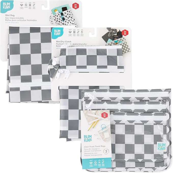 Bumkins - Waterproof Wet Bag, Wet/Dry Clutch & Clear Travel Bags - For Beach, Baby, Travel, Cloth Diapers, Pump Parts, Pool, Gym, Toiletries - Reusable & Easy to Clean - Gray Check - 5 Pack