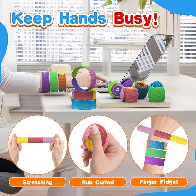 Sensory Fidget Toys Slap Bracelets: 6PC Textured Silicone Sensory Toys for Autism, Fidgets for Kids, Teens & Adults, Anxiety & Stress Relief - Ideal for Classroom Rewards, Party & Special Needs Gifts