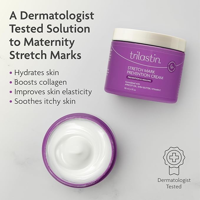 TriLASTIN Maternity Stretch Mark Prevention Cream - 4 Fl Oz Each, 2 Pack - Hypoallergenic & Paraben Free Pregnancy & Postpartum Skincare - Prenatal Formula to Prevent Marks & Baby Essentials