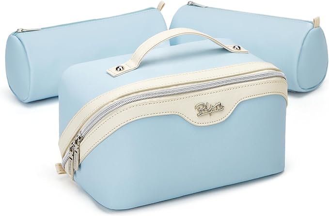 BOYATU Travel Makeup Bag Organizer Cosmetic Bag: 3 Pcs Set Make up Bags for Women with Handle - Waterproof Vegan Leather Toiletry Bags Travel Essentials Pouch with Compartments (D-05-Blue)