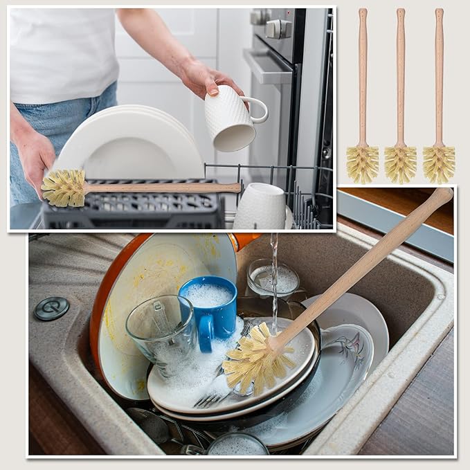 Gejoy 6 Pcs Natural Wood Dish Scrub Brush with Long Beechwood Handle Bristles for Cleaning Bottles, Mugs, Jars, Glasses, Dishes, Vases, Pitchers, 13.6 x 2.6 Inches