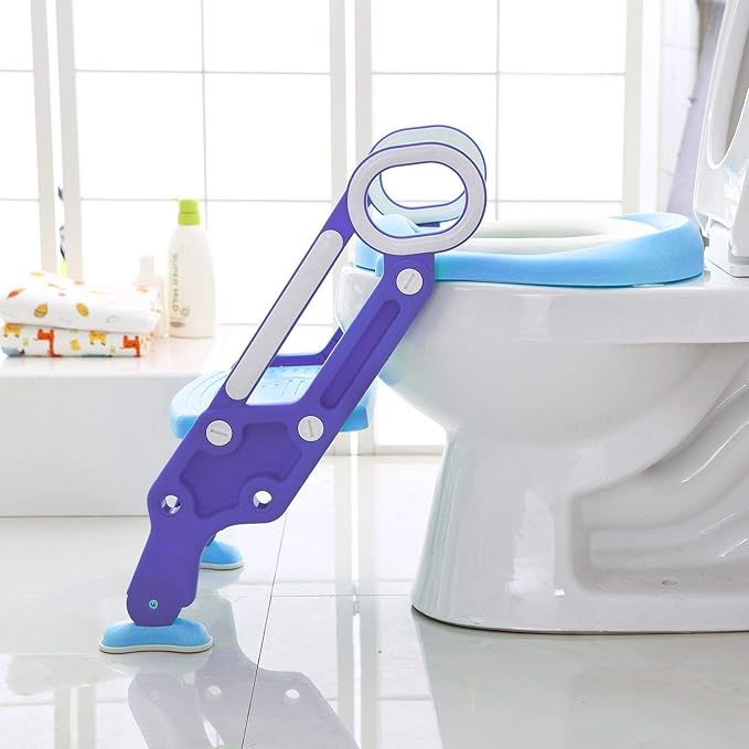 Potty Training Toilet Seat with Step Stool Ladder for Kids and Toddlers Adjustable Toilet Training Seat with Soft Not-Cold Padded Seat Safe Handles and Non-Slip Wide Steps, Purple and Blue