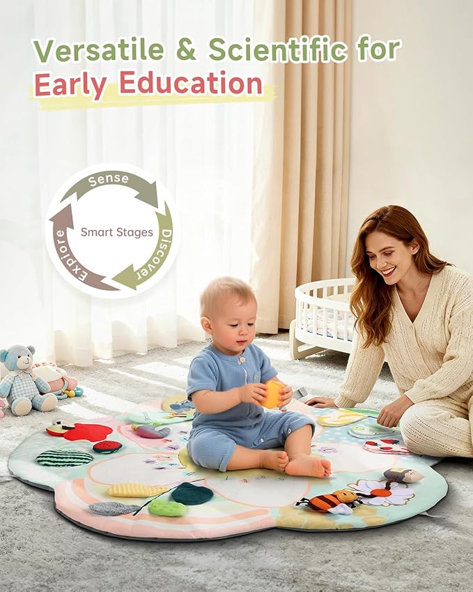 Baby Play Gym & Activity Mat, 5 Developmental Zones Tummy Time Mat with 4 Detachable Sensory Toys, Early Skills & Sensory Development Mat, Newborn Essentials Baby Shower Gift