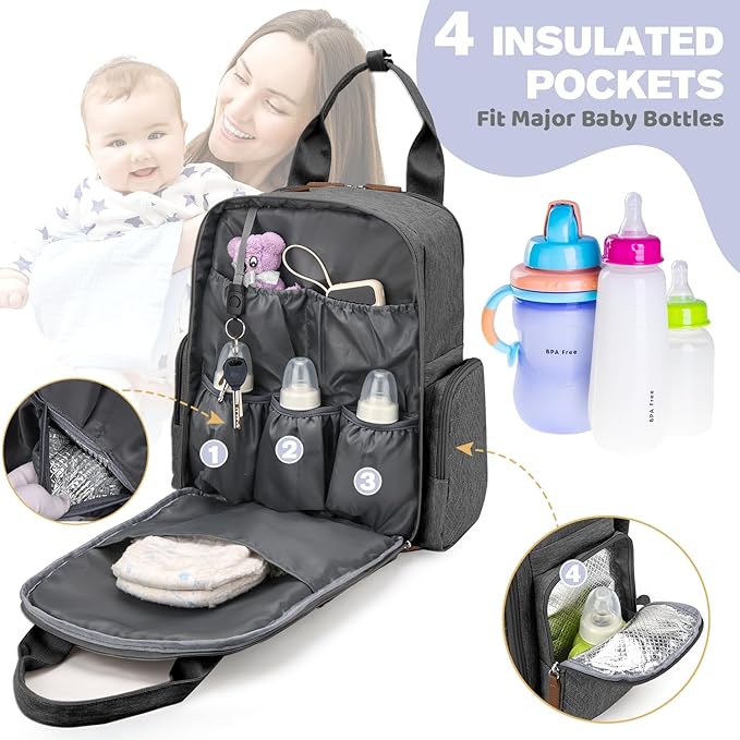 Diaper Bag Backpack - Large Diaper Bag with Portable Changing Pad as Baby Shower Gifts, Lightweight Waterproof Unisex Travel Baby Bag with 4 Insulated Pockets and Stroller Buckles, Dark Grey