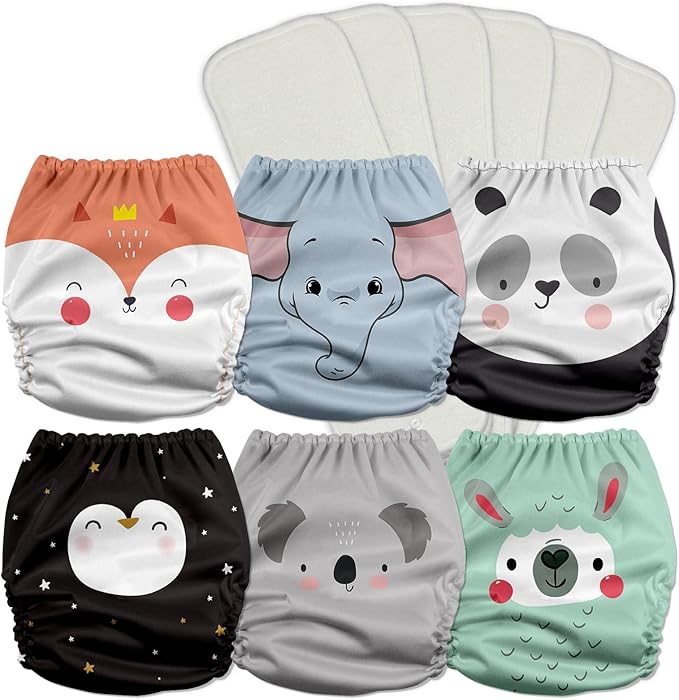 Mama Koala 3.0 Pocket Cloth Diapers for Babies with AWJ Lining, 6 Pack with 6 5-Layer Natural Cloth Diaper Inserts - Reusable and Washable Pocket Diapers(A-Love Animals)