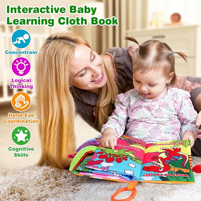 Soft Baby Books for 0-18 Months, 2PCS Crinkle Cloth Books - Dinosaur and Farm Themes, Tummy Time Toys for Infants 0-6-12-18 Months, Sensory Books for Babies, Ideal Christmas