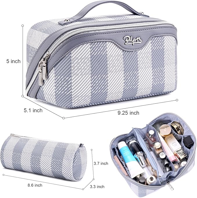 BOYATU Travel Makeup Bag Organizer Cosmetic Bag: 3 Pcs Set Make up Bags for Women with Handle - Waterproof Vegan Leather Toiletry Bags Travel Essentials Pouch with Compartments (F-05-Blue)