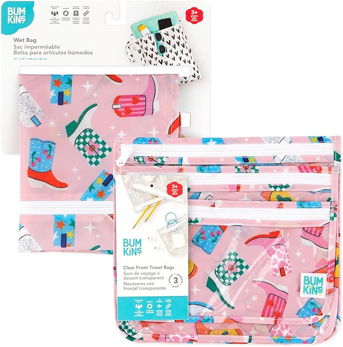 Bumkins - Waterproof Wet Bag & Clear Travel Bags - For Beach, Baby, Travel, Swim Suit, Cloth Diapers, Pump Parts, Pool, Gym, Toiletries - Reusable & Easy to Clean - Cowgirl Boots - 4 Pack