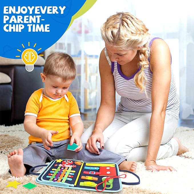 Toddler Busy Board, Montessori Sensory Toys for Boys, 1-4 Year Old Girl Toddler Travel Toys, Educational Learning Activities Board for Motor Skills, Birthday Gifts for Airplane Car, Blue Dinosaur