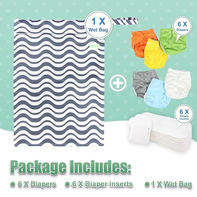 wegreeco Cloth Diapers 6 Pack with 6 Inserts & 1 Wet Bag, Washable Cloth Diapers for Babies, One Size Adjustable Reusable (Vibrant)