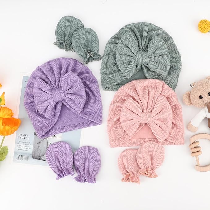 BQUBO Newborn Girls Hats Baby Hat and Mittens Set Infant Caps Bow Hospital Beanie with No Scratch Mittens for Baby Boys Girls