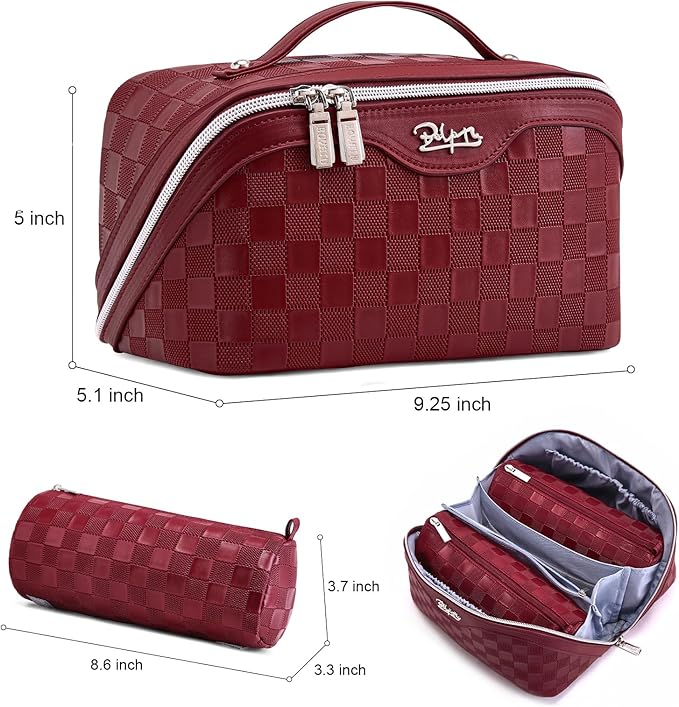 BOYATU Travel Makeup Bag Organizer Cosmetic Bag: 3 Pcs Set Make up Bags for Women with Handle - Waterproof Vegan Leather Toiletry Bags Travel Essentials Pouch with Compartments (08-Red)