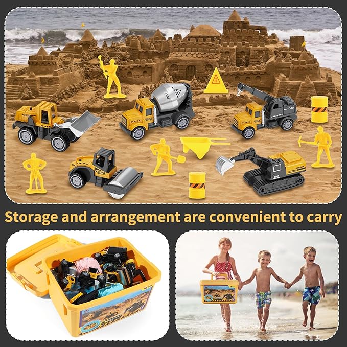 Play Construction Sand Kit,2.2lbs Magic Sand,8 Alloy Construction Vehicles,1 Inflatable Sandbox,8 Worker Figures and Road Signs,6 Castle Molds,1 Storage Box, Sensory Toys for Kids Ages 3+