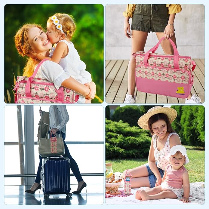 5PCS Diaper Bag Totes Set, Large Diaper Tote, Waterproof Maternity Bags, Cute Baby Diaper Organizer with Bottle & Food Bag